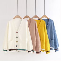 Single-breasted Cardigan Knitted Sweater Women Fashion Lazy Wind Loose Striped Pockets V-neck Long-sleeved Sweater Female Spring 210204