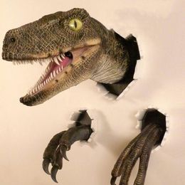 Wall Mounted Dinosaur Wall Bust Realistic Raptor Head Resin Sculpture Wall Hanging Decor for Kids Room Bar Home Decoration 220211