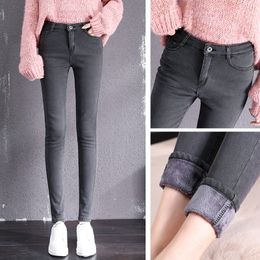 winter warm thick fleece woman's with high waist woman mom women's jeans for women jean femme Plus size black 201030
