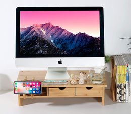 Monitor Stand Riser with Drawers-Solid Bamboo Riser Supports,Desk Organiser with Phone Holder Office Supplies Countertop Bookcase