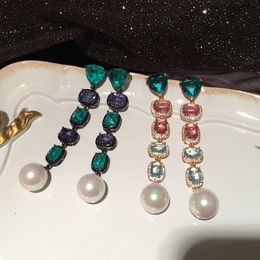 Long dangling earrings fashion luxury designer crystal stone rhinestone daimond pearl chandelier woman earrings copper silver post