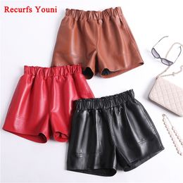 camel booties Canada - Genuine Leather Shorts For Women Korean Fashion Elastic Waist Booty Mini Sexy Short Feminino Red Camel Black Calzones Mujer Y200403