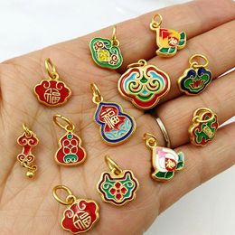 5pcs Chinese Lucky Placer gold Cloisonne Enamel Pendant DIY Charms Jewellery Making Supplies Necklace Bracelet Anklet Accessories Wholesale