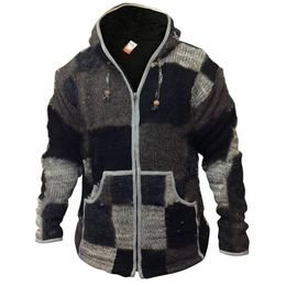 Autumn Men Hooded Wool Cardigan Sweater Jumper Winter Fashion Patchwork Knit Outwear Coat With Pocket 201120