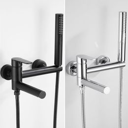 Bathtub Shower Faucet Black/Chrome Brass Single Handle Waterfall Spout Wall Mounted Mixer Tap with Hand Shower Sets Bathroom Tap