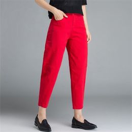 New Arrival Spring Summer Women High Waist Loose Harem Pants Plus Size Casual Cotton Denim Female Ankle-length Red Jeans D319 201223