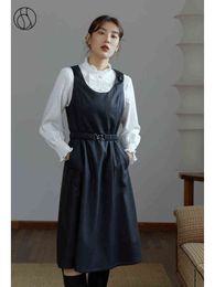 DUSHU Women Retro Big U-neck Vest Leather Skirts Belt Slimming Black Dresses Commuter Simple A-shaped Design Sleeveless Dresses Y220214