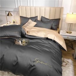 OLOEY 60S long-staple cotton Bedding Set Egyptian Solid Colour embroidery Bed set Duvet Cover Bed Sheet spread Fit sheet bed set Y200417