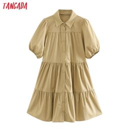 Tangada fashion women khaki summer cotton mini dress backless puff short sleeve ladies vintage A-line dress vestidos 3L40 T200613