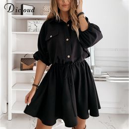 DICLOUD Black Button-up Women's Shirt Dresses Long Batwing Sleeve A Line Ruffle Party Day Dress Winter Spring Ladies Clothing Y0118