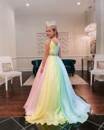 Rainbow Chiffon Little Girl Pageant Dresses 2022 Straps-Neck Girls Prom Gowns Zipper V Back Sleeveless A-Line Long Kids Formal Par201a