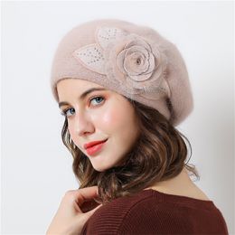 Double layer design winter hats for women hat rabbit fur for women's knitted hat Big flower cap beanies New Women's Caps Y200102