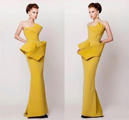 Arabic Dubai Elegant Morden Yellow Mermaid Evening Dresses Peplum Long Evening Gowns Floor Length Formal Dress Robes de Bal vestdos