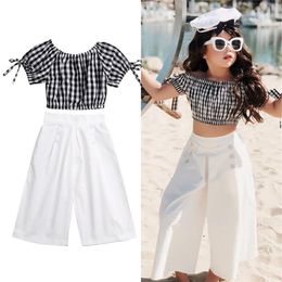 Kinderkleidung Mädchen Leinen Stil Plaid Kurzarm + Weiß Breite Beinhosen Zwei Teile Set Mädchen Baby Mode Anzug Cooler Stil Baby Set