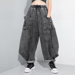 [EAM] Wide Leg Black Big Size Ribbon Stitch Jeans New High Waist Loose Women Trousers Fashion Tide Spring Autumn 2020 LJ201030