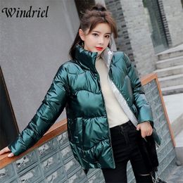 Glossy Fashion Female Jacket Autumn And Winter Coat Women Stand Collar Waterproof Green Parkas Snow Wear Padded Clothes Windriel 201214