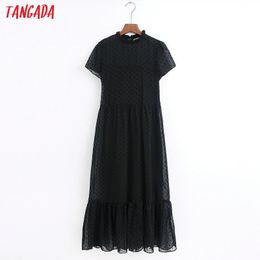 Tangada fashion women dots black dress ruffles collar short Sleeve Ladies elegant midi Dress Vestidos 6Z38 T200603