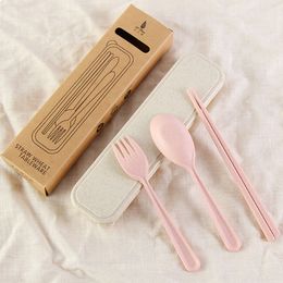 Portable Plastic Tableware Spoon Fork Chopsticks Set Design Eco-friendly 4 Colours Reusable Wheat Straw Cutlery ZWL254
