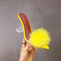 Designer-Fashion shoes Women Fluffy Ball Pointed Toes High Heel with Fuzzy Decorated PVC Clear Wine-Glass Shape Heels Party Shoe Pumps