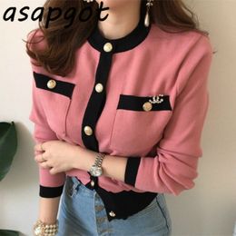 Chic French Autumn Fragrant Pink Loose Round Neck Contrast Color Sweater Women Short Gold Button Pocket Cardigan Orange Casual 210218