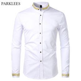 Gold Embroidery White Shirt Men Brand New Stand Collar Mens Dress Shirts Casual Slim Long Sleeve Chemise Homme Camisa Masculina C1212