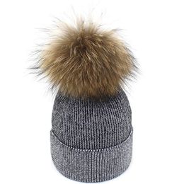 New style autumn winter soft wool female big Raccoon hair bulb Fine knitted warm cold-proof fashion elegant skull beanie hat