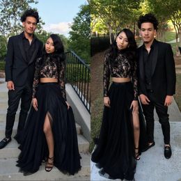 two piece prom dresses slit UK - Black Lace Long Sleeves Two Piece Prom Dresses High Neck Cheap Formal Party Gowns With High Slit African Evening Wear Dress