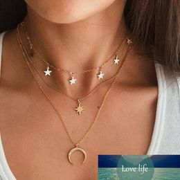 Vintage Multilayer Crystal Pendant Necklace Women Star Crescent Three-layer Choker Necklaces Fashion Jewelry