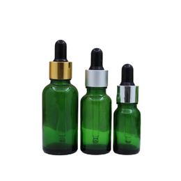 Green Glass Cosmetic Packaging Dropper Bottle Gold Silver Ring Black Rebber Top Empty Cosmetic Essential Oil Refillable Vials 5ml 10ml 15ml 20ml 30ml 50ml 100ml