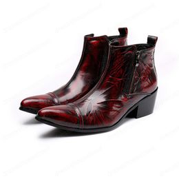 Fashion Printing Men Ankle Boots Autumn Winter Genuine Leather Mid Heel Pointed Toe Zipper Designer Formal Boots