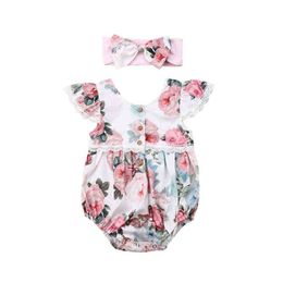 lioraitiin 0-24M Newborn Infant Baby Girl Fashion Summer Romper Off Shoulder Floral Printed Jumpsuit Headband 2Pcs Set G1221