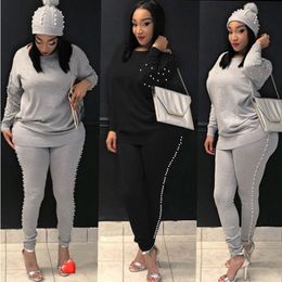 Women TWO PIECE SET Pearl Tracksuit Beading Top Pullover Pants Long Sleeve Outwear 2 Piece Ladies Suits Sweatshirt Spring Autumn T200702