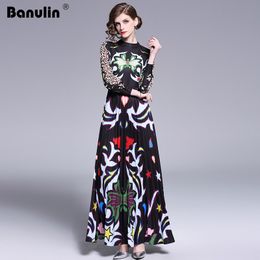 Banulin Runway Long Maxi Dress Women High Quality Charming Floral Long Sleeve Patchwork Elegant Vintage Floor Length Dress 201204