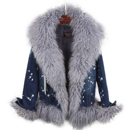 Natural wool lined with luxurious wool fur collar denim coat winter casual warm fashion short fur jacket 201217