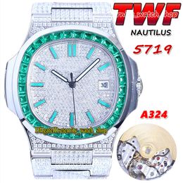 2022 TWF 5719 PP324 A324 Automatic Mens Watch Paved Fully Iced Out Diamonds Green Dial T Diamond Bezel Stick Stainless Steel Bracelet eternity Super Jewellery Watches