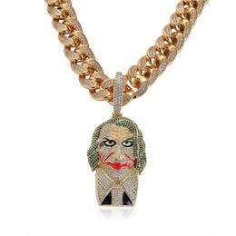 Cool Mens Hip Hop Necklace Yellow Gold Plated Colorful Bling CZ Joker Pendant Necklace with CZ Cuban Chain Hot Gift Hip Hop Jewelry