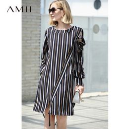 Amii Office Lady Striped Dresses Women Autumn Elegant Straight Loose O-Neck Hollow Out Lace Up Female Dresses 11870130 201027