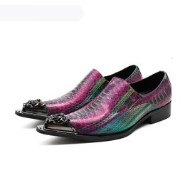 Luxury Men Shoes Pointed Iron Toe Formal Men Dress Shoes Colorful Python Pattern Leather Party Wedding Shoes