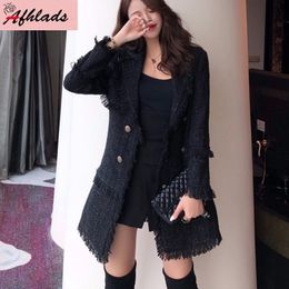 Vintage Notched Collar Tweed Tassel Patchwork Jacket Women Black Casual Double-Breasted Jackets Long Sleeve Wool Outerwear 201109