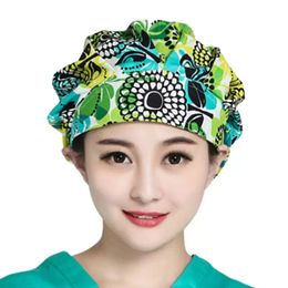 2022 Women Men Floral Print Adjustable Scrub Cap Nurses Kitchen Cotton Bouffant Hat with Sweatband1