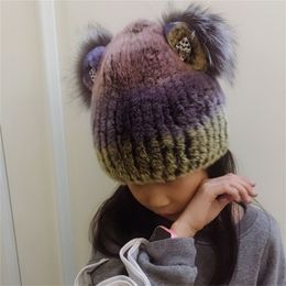 Rex rabbit real fur cat ear hat girls beanies with diamond Kids hand knitted skullies 42-52cm Y201024