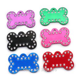 Whole 100Pcs Rhinestone Bone plate Tag Personalized Dog ID Tag Custom Name Dog Collar Pet Accessories Pet Gift Dog Bone Tag Y1265F