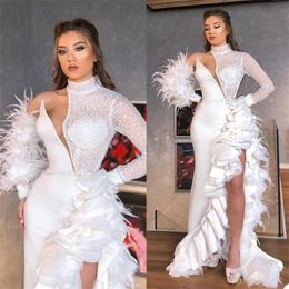 Luxury Feather Mermaid Prom Dresses Sequins Sexy Side Split Evening Dresses Hollow Dubai Arabic Sweep Train Custom Made Formal Pageant Gown