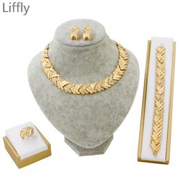 Liffly Bridal Dubai Gold Jewelry Sets Crystal Necklace Bracelet Nigerian Wedding Party Women Fashion Set 220224