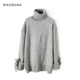 BIAORUINA Women's Fashion All-match Loose Knitted Sweater Ladies Casual Turtleneck Pullovers Bow Lace Up Warm Sweet Sweaters T200319