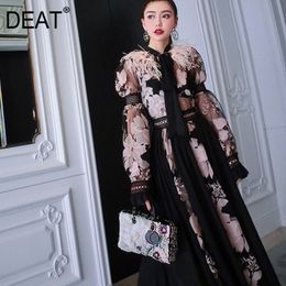 DEAT 2020 New Spring Fashion High Quality Feather Patchwork Lace Embroidery Chiffon Material Long Lantern Sleeves Dress LJ200818