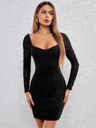 Ruched Mesh Sleeve Solid Bodycon Dress SHE