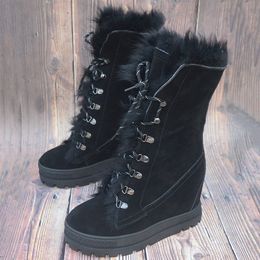 Winter Warm Black Suede Woolfur Boots Women Lace Up Casual Shoes Thick Sole Ladies inner Increased Heel Fur Roman Snnow Bottines