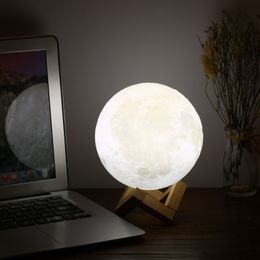 14cm Diameter PLA USB Rechargeable 3D Printing Moon Light 3-Colors Dimmable Touch Sensor Control Luna Night Lamp Bedroom Decor with Wooden S