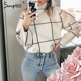 Simplee Autumn turtleneck plaid women pullover Casual office knitted top outerwear sweater Female winter warm out jumpers 201223
